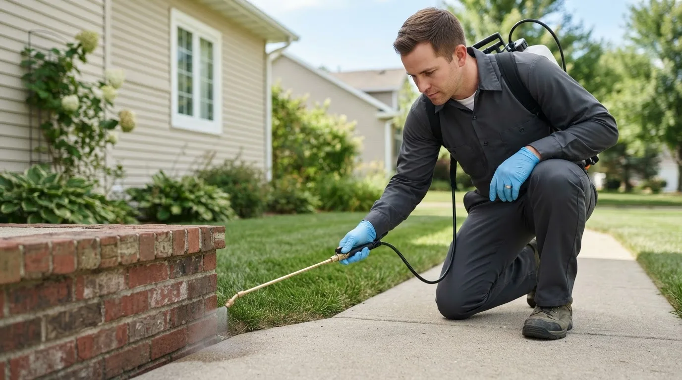 Pest control technician treating a home near Yeaddiss, KY